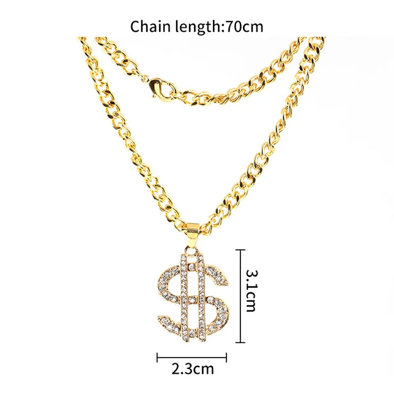 Rhinestones Luxury Jewelry Money Hip Hop Rap Gold Color US Dollar Pendant Necklace 70cm Chain For Women/Men Bling Jewelry Accessories