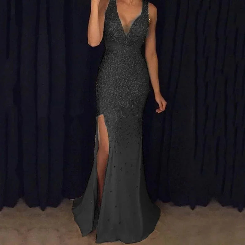 NEW Arrivals S-2XL 4 Colors Spring Autumn Winter New European American Cross-Border Side Slit Gold-Embellished Long Evening Party Luxury Dress Sleeveless Wedding Guest Celebrities Gown