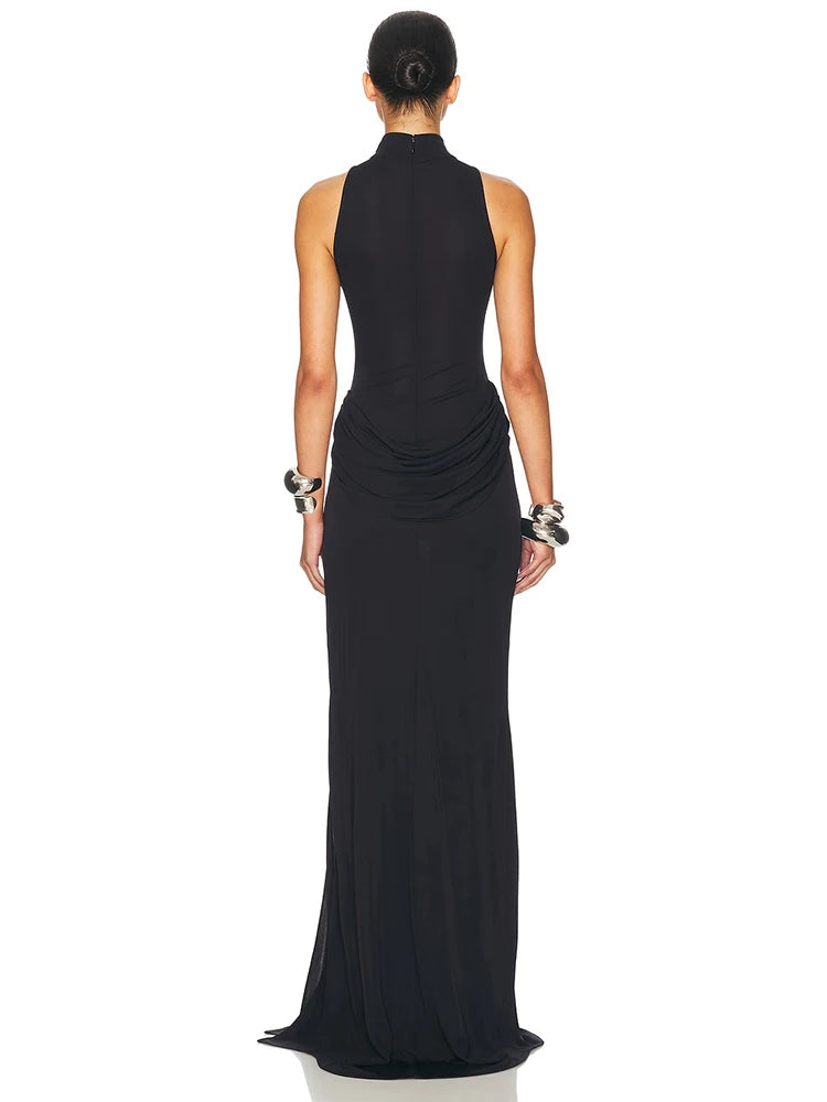 White Black Color UK Size Turtleneck Off-Shoulder Sleeveless Thigh Split High Waist Pleated Maxi Dress For Women Elegant Fashion Club Party Dress