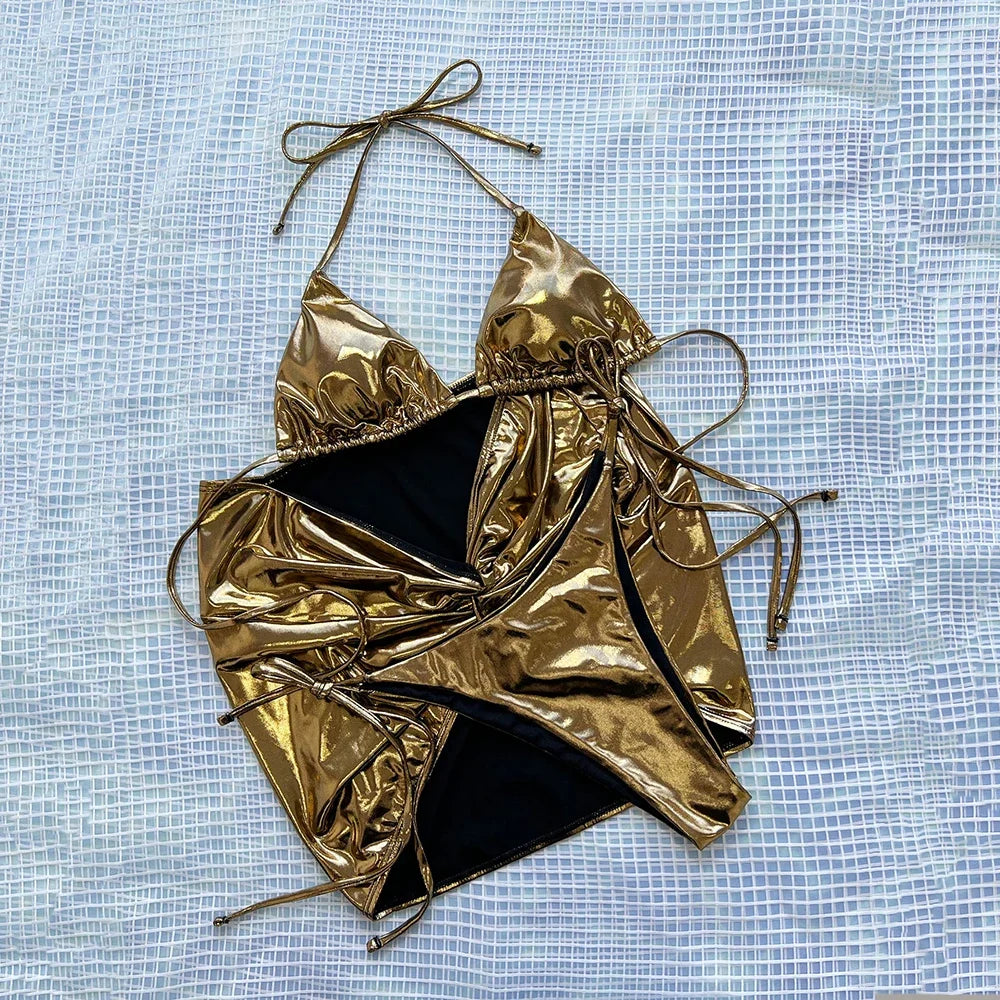 3PCS Set Sexy Shiny Gold Swimsuit Cover Ups String Micro Thong Bikini Women Halter Swimwear Beach Wear Bather Bikini Set Ladies Sexy Beachwear Suit