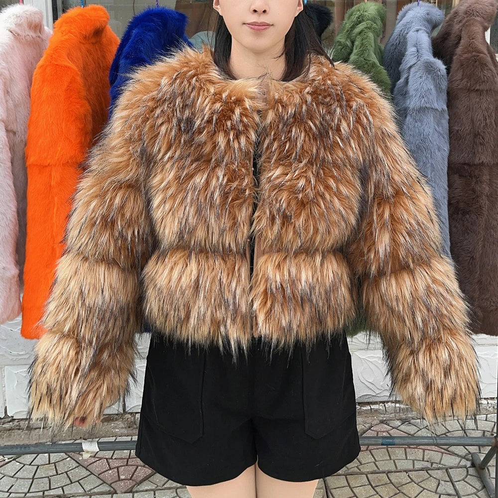 NEW HOT SALE XS-5XL Luxury Raccoon Faux Fur with Hood Coat Women's Jacket Winter Warm Snow Clothes Supplies Fashion Warm Thick Fox Raccoon Leather Brown Cold Coat Female Girls Luxury Fashion Clothing Products