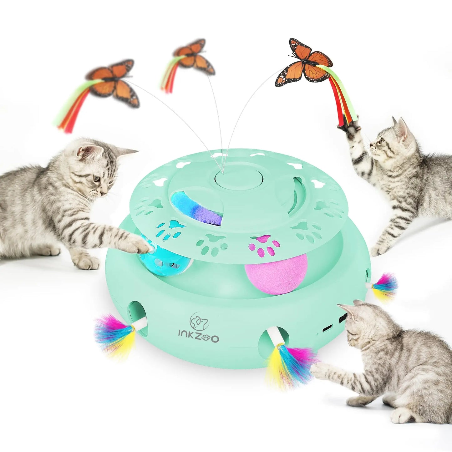 NEW Arrivals 4-in-1 Set Interactive Cat Toys for Indoor Cats, Automatic 6 Holes Mice Whack-A-Mole, Fluttering Butterfly, Track Balls, USB Rechargeable Pets Interactive Toys Accessories Training Games Supplies