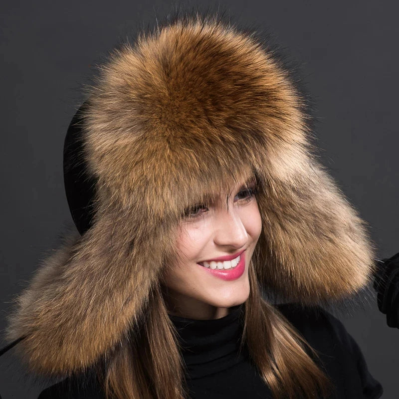 NEW Siberian-Russian Women Ladies Real Natural Raccoon Fur Caps Head Covers Ushanka Hats for Winter Thick Warm Ears Fashion Bomber Pom Pom Hat Lady Real Fox Fur Cap Female Girls Luxury Fashion Clothing Products