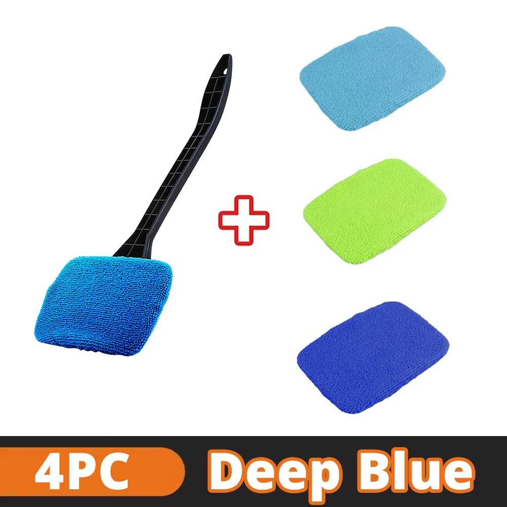 NEW 4PCS Set Car Window Defogging Cleaner Brush Kit Microfiber Windshield Cleaning Tool Auto Interior Glass Wash Wiper Long Handle Reusable Cloth Pads Car Cleaning Accessories