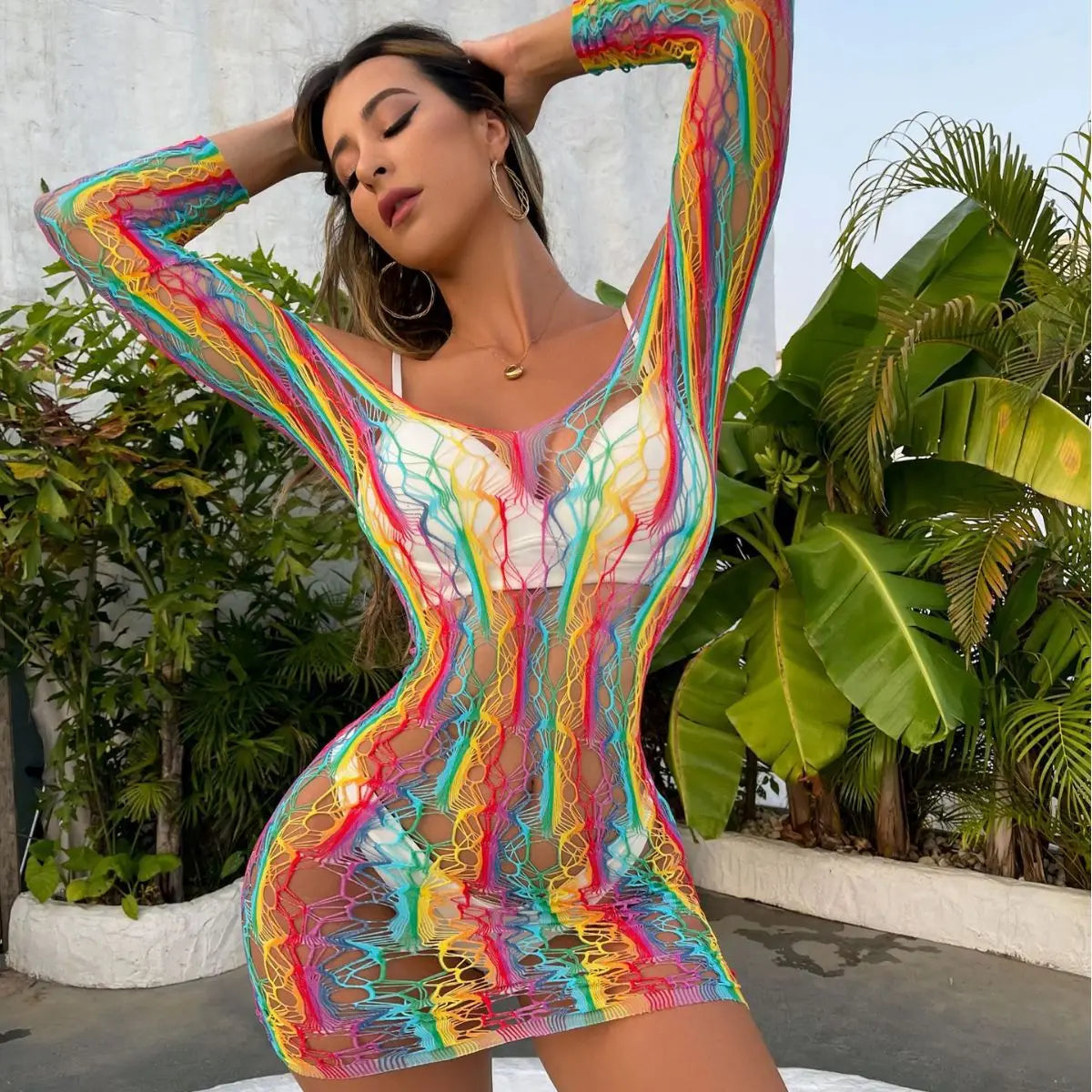 European and American Fun Underwear Rainbow Colorful Wrapped Hip Skirt Sleeves 3-piece Set of Fun Network Clothes