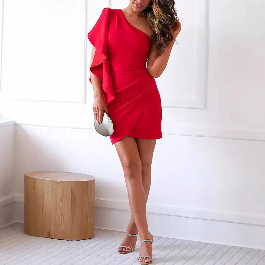 NEW Arrivals S-2XL UK Size Sexy Spring Summer Autumn Ruffle Leaf Edge Single Shoulder Solid Color Sexy Dress Banquet Evening Party Dress Women Ladies Fashion Clothing Supplies