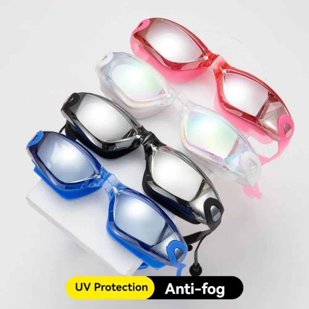 NEW 4 PCS Set Anti-Fog Adult Myopia/ Transparent/ Electroplated Professional Swimming Goggles Set with Nose Clip, and Ear Plugs Adjustable Silicone Swim Cap Waterproof Ultralight