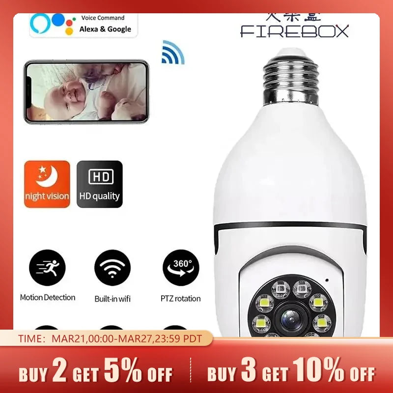 5G Bulb E27 Surveillance Camera Full Color Night Vision Automatic Human Tracking Zoom Indoor Security Monitor Wifi Camera
