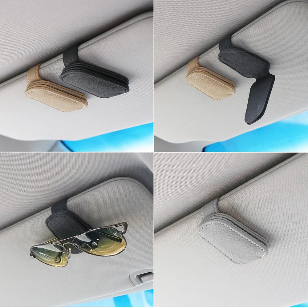 NEW Gray/Black Color Universal Car Sunglasses Leather Clip Card Ticket Holder Stand Fastener Pen Case Eyeglasses Sun Visor Car Accessories