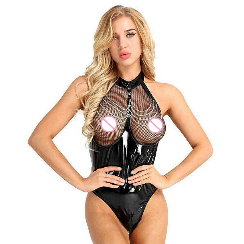Erotic Sexy Crotchless Latex Catsuit Fishnet Clothing Open Crotch Jumpsuit Patent Leather Breast Exposing Bodysuit Lingerie