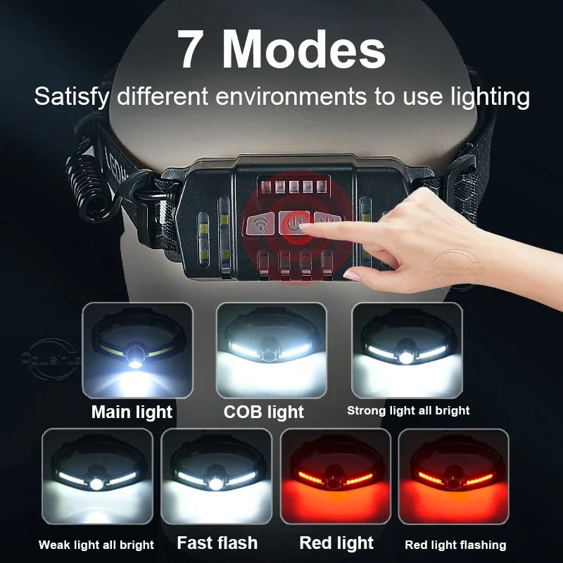 NEW Powerful LED Headlight 7 Modes Infrared Sensor XPE+COB Sensor Outdoor Camping Hunting Fishing, Cycling and Night Running