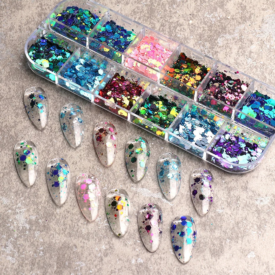 1 Set Chameleon Nail Sequins Mermaid Mirror Hexagon 3D Glitter Flakes Paillette DIY Laser Spangles Polish Manicure Tips