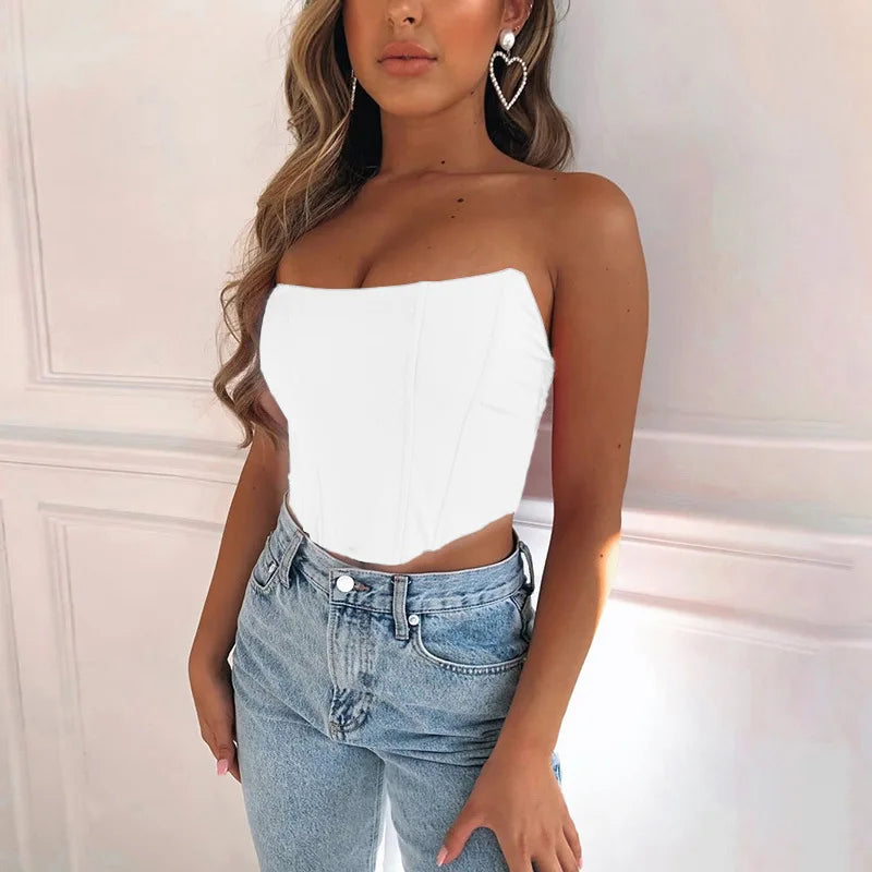 NEW Arrivals 4 Colors Women Sleeveless Off Shoulder Fashion Sexy Corset Crop All Seasons Tops Vest Female Underwear Backless Bustier Top Solid Girls Casual Clothing Supplies