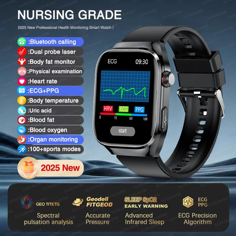 NEW Arrivals Micro Physical Examination ECG Smart Watch Women Men Uric Acid Body Fat Five Organ BP Health Watches HD Call Smart Bracelet Health Care Supplies