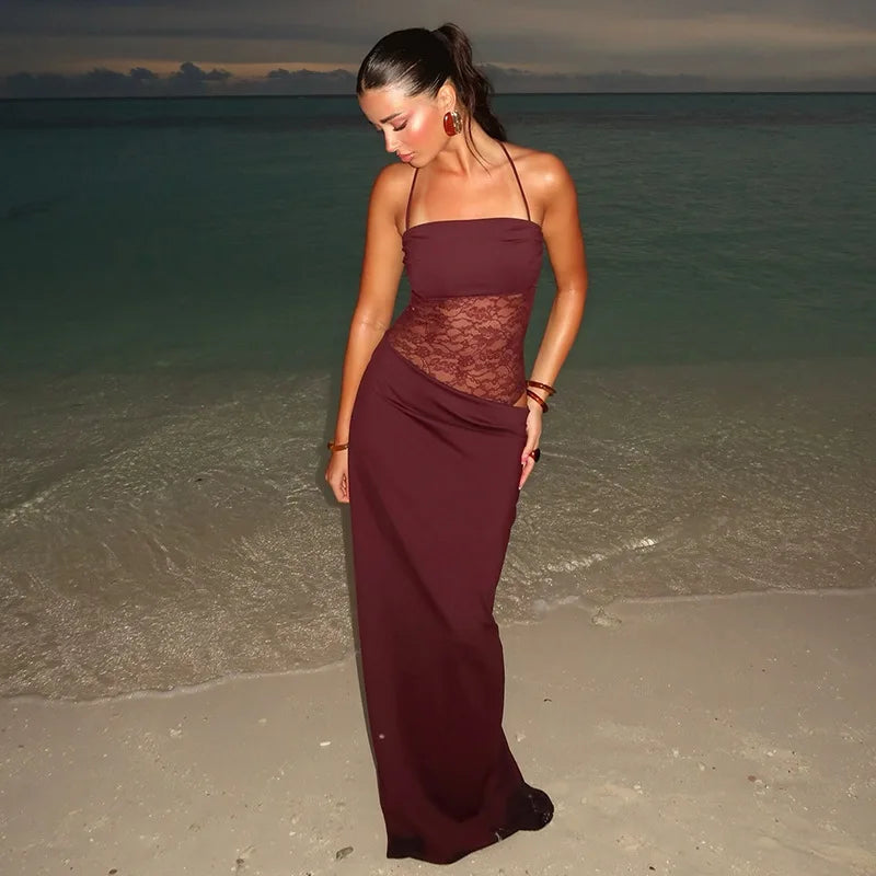 NEW Arrivals 4 Colors Elegant Lace Cut Out Maxi Dresses for Women Sexy Spaghetti Strap Patchwork Holidays Party Dress Summer Backless Long Dress
