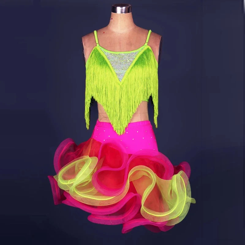 NEW Arrivals Women Dancing Dress Woman Ballroom Tango Fringe Salsa Rumba Adult Tassel Top And Skirt Professional Latin Dance Costume