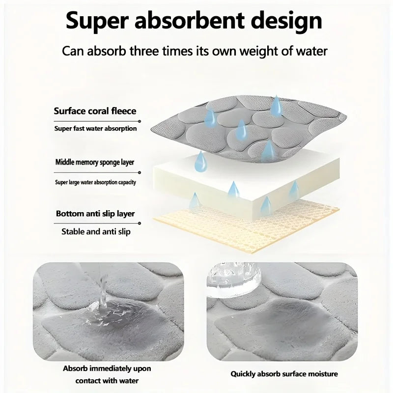 3D Memory Foam 40x60CM 50X80CM Thickened Bathroom Foot Massage Mat Fiber Carpet, Bathroom Kitchen Living Room Anti Slip Mat, Pebble Floor Mat, Household Non-Slip Entry Mat Bathroom Accessories