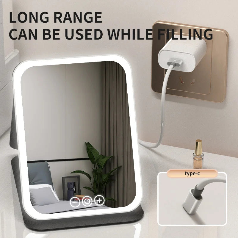 NEW Arrivals LED Dimmable Makeup Mirror 3 Colors Light Modes Adjust Brightness USB Charing Fold Mirror Tabletop Vanity Mirror for Travel Home Cosmetic Accessories