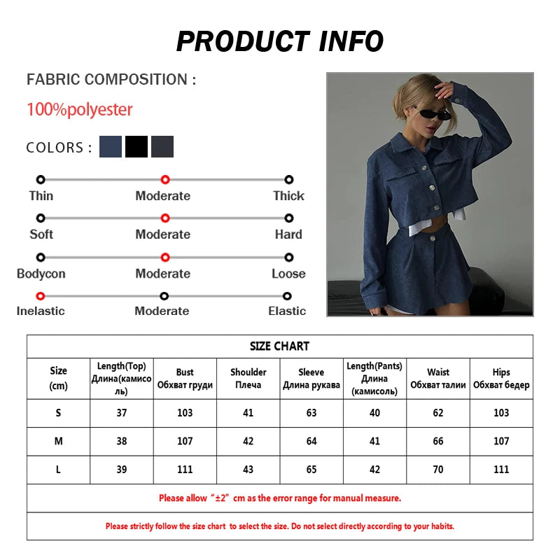 BRAND NEW 2PCS Set Blue/Gray/Black Color Patchwork Women Spring Outfit Elegant Long Sleeve Button Crop Tops And High Waisted Mini Skirts Sets