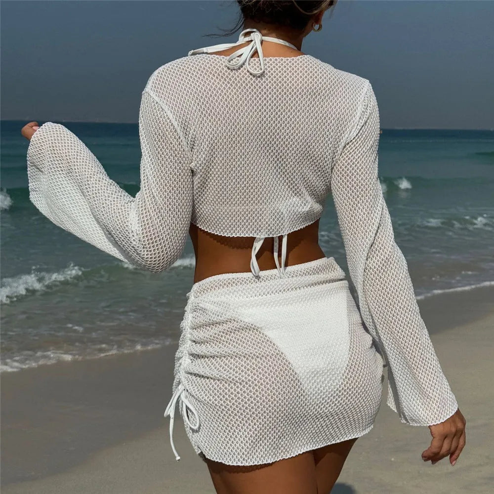 NEW Arrivals 4 PCS Set UK Size Solid Black/Beige/Red/White String Halter Girls Bikinis Sets Sexy Swimsuit Women Long Sleeve Cover Ups Tops Skirts Swimwear Ladies Bikini Beachwear Suit