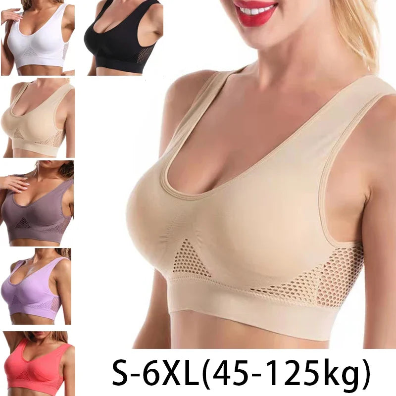 NEW Arrivals S-6XL Plus Size Women Sports Bra Large Size No Steel Ring Seamless Underwear Removable Chest Pad Running Sport Hollow Mesh Vest Bras
