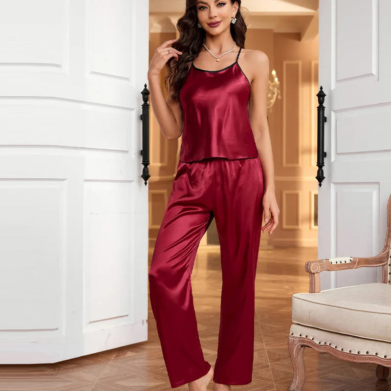 NEW Arrivals Women Sexy Red/Black/White Satin Pajamas Set Lingerie Sleepwear Silk Satin Nightwear Sleeveless Pajamas Set Home Wear Girls Ladies Luxury Fashion Lingerie Supplies