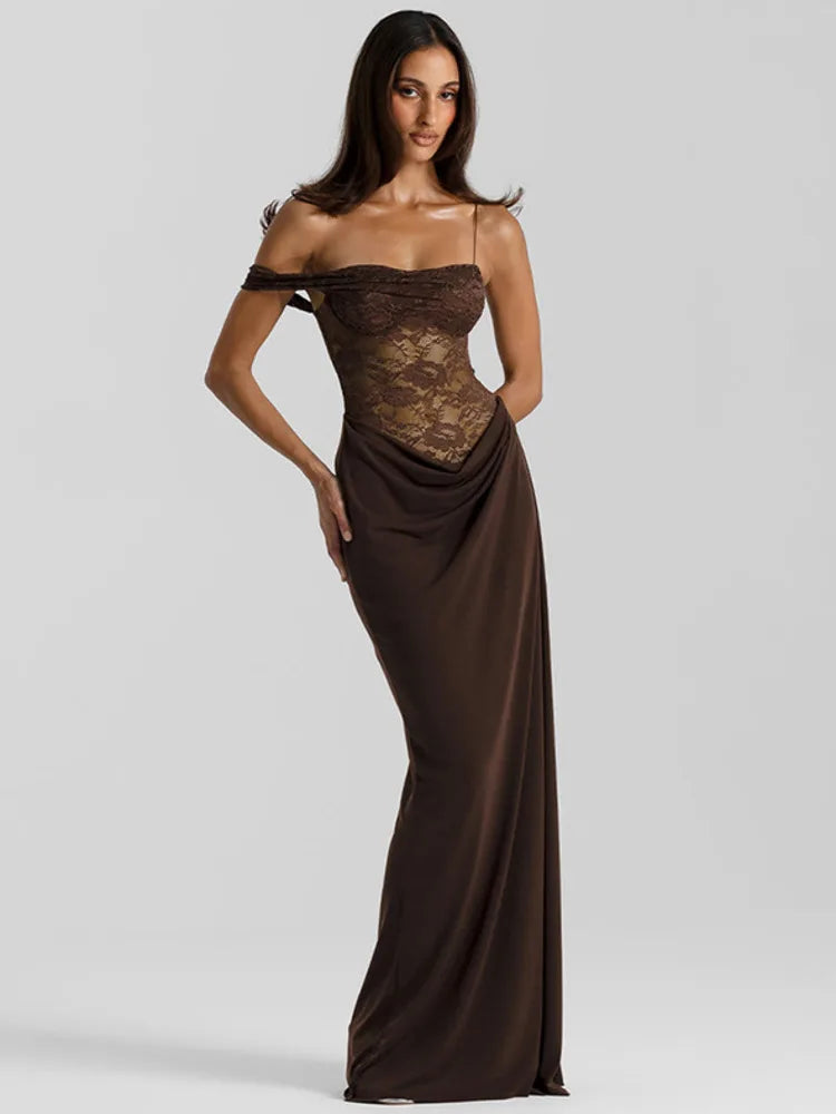 NEW Brown/Burgundy/Black Color UK Size One Shoulder Lace See Through Sexy Maxi Dress Women Gown Fashion Off-shoulder Sleeveless Backless Evening Party Club Long Dresses