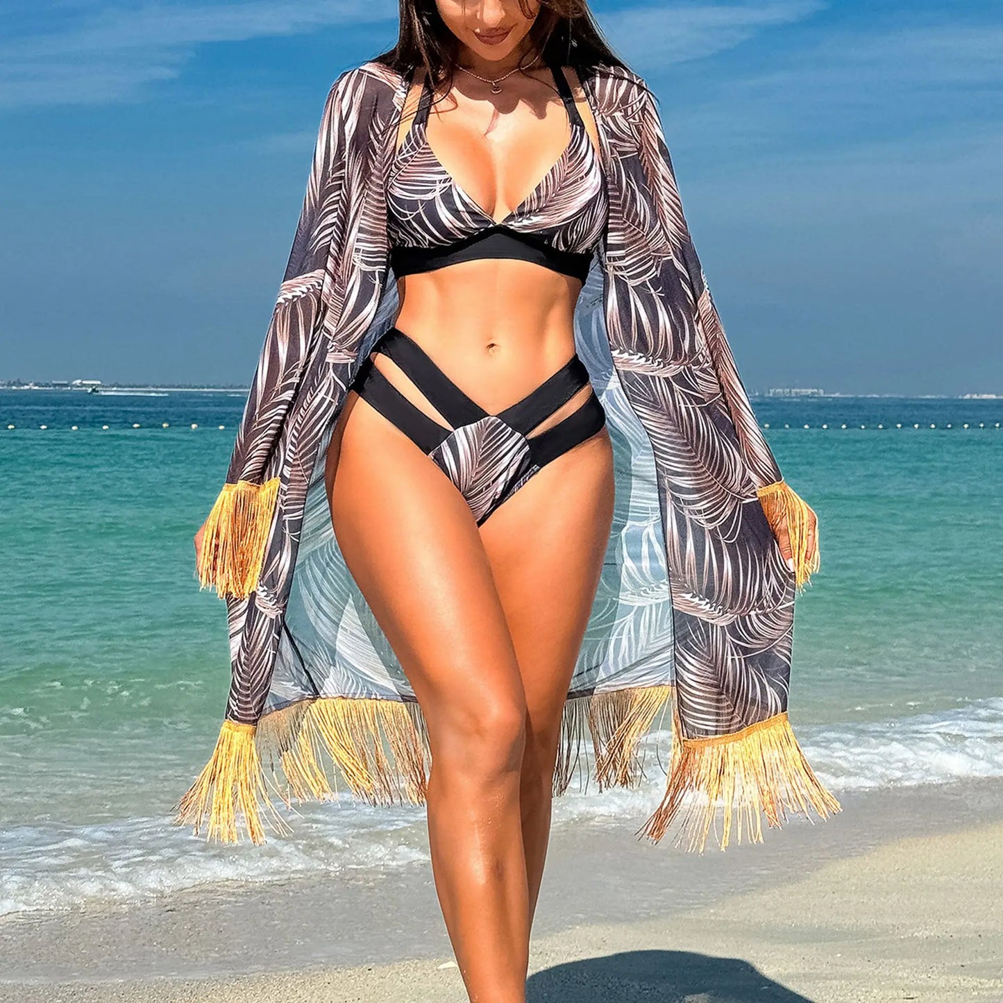 NEW Arrivals 3PCS Set S-2XL 4 Colors Bikini Set Cover Up Swimwear High Waisted Bikini Set Women's Swimwear Print For Female Bath Suit Tropical Exotic Ladies Summer Beach Wear Suit