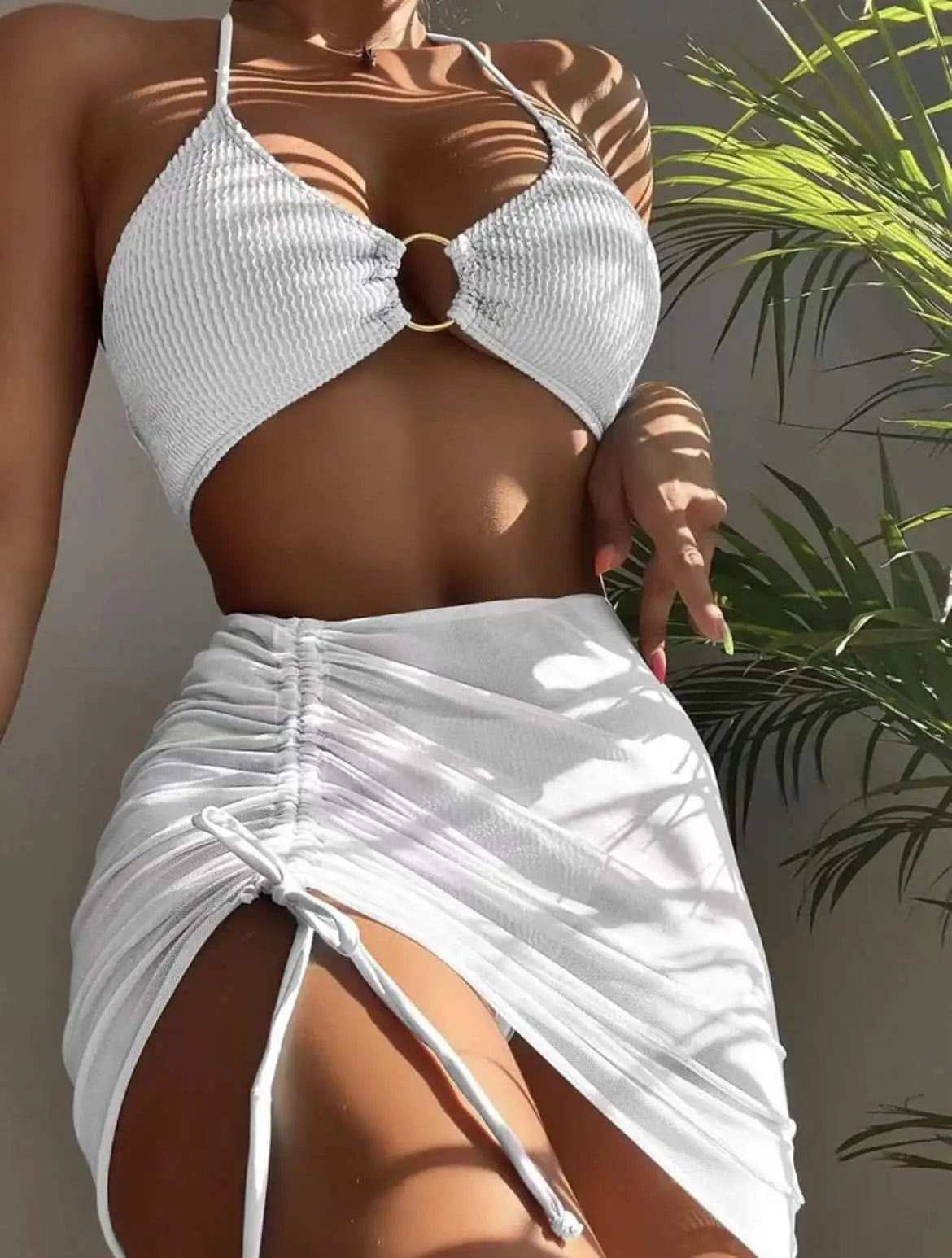 BRAND NEW 3 PCS Set 14 Colors Mesh Skirt Swimsuit Women Halter Micro Ribbed Bikini High Waist Swimwear Sexy Solid Beachwear Bathing Suit