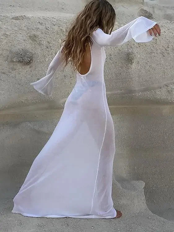 NEW Arrivals Sexy Transparent Black/White Backless See-through Long Dress Women's Summer Slim High Waist Spliced Long Sleeve Solid Color Evening Nightclub Beach Party Ladies Long Dress