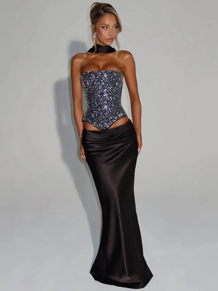 NEW White/Black Color UK Size Sequins Sexy Dress Set Women Sparkle Scarf Collar Crop Tops And Maxi Skirt Elegant Club Party Satin Skirt Matching Set Ladies Sexy Fashion Clothing Supplies