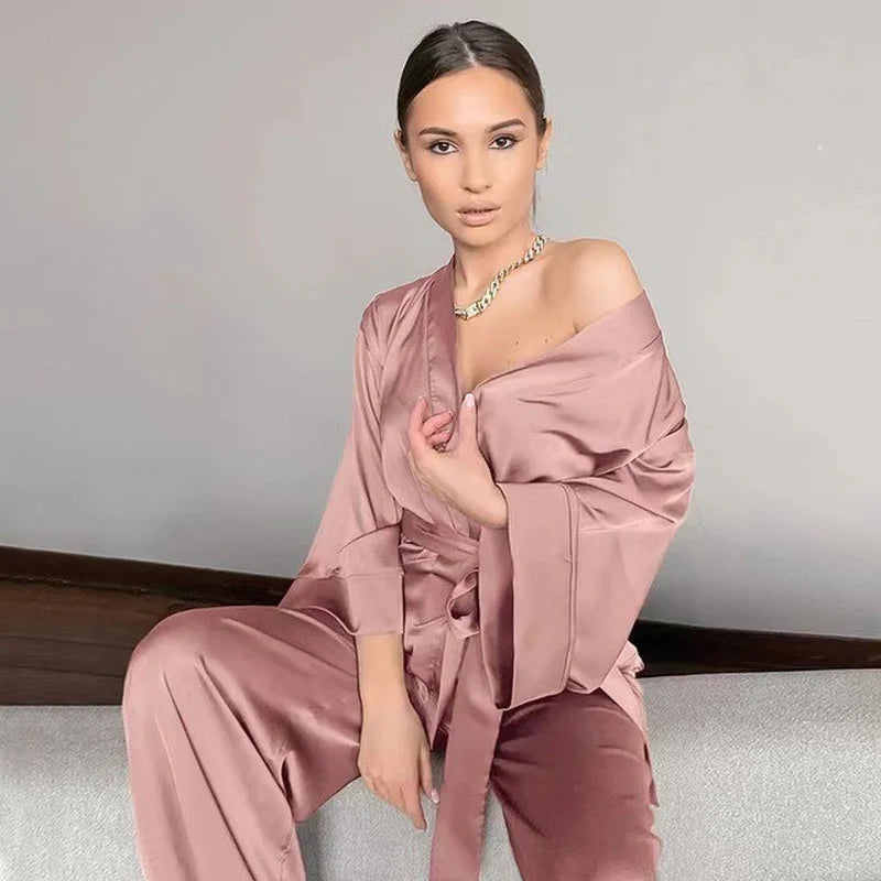 NEW 2PCS Set S-3XL Plus Size 5 Colors Solid Women Luxury Robes with Sashes Wrist Sleep Tops Satin Pants Loose Pajamas Casual Sleepwear Female Home Suits