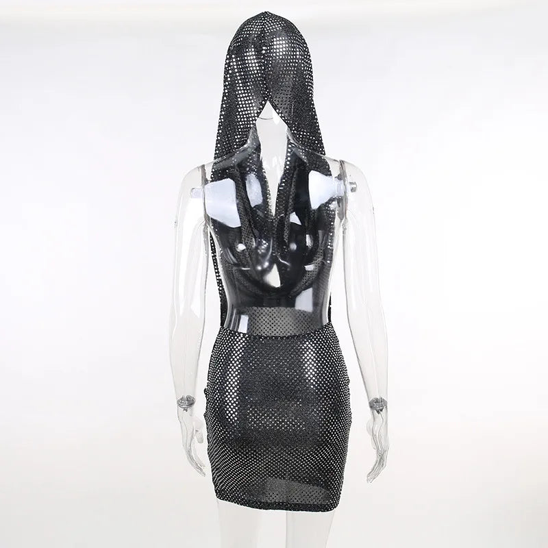 BRAND NEW Shiny Sexy Hooded Halter Neck Black Dress New Spring Summer Women Clothes Backless Night Club Outfit Party Bodycon Dress Evening Beach Party Dress