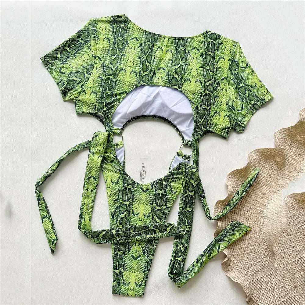 NEW Arrivals Sexy Green Snakeskin Swimwear One Piece Swimsuit Women Hollow Out Monokini Bandage Knotted High Cut Bathing Ladies Swimming Suit