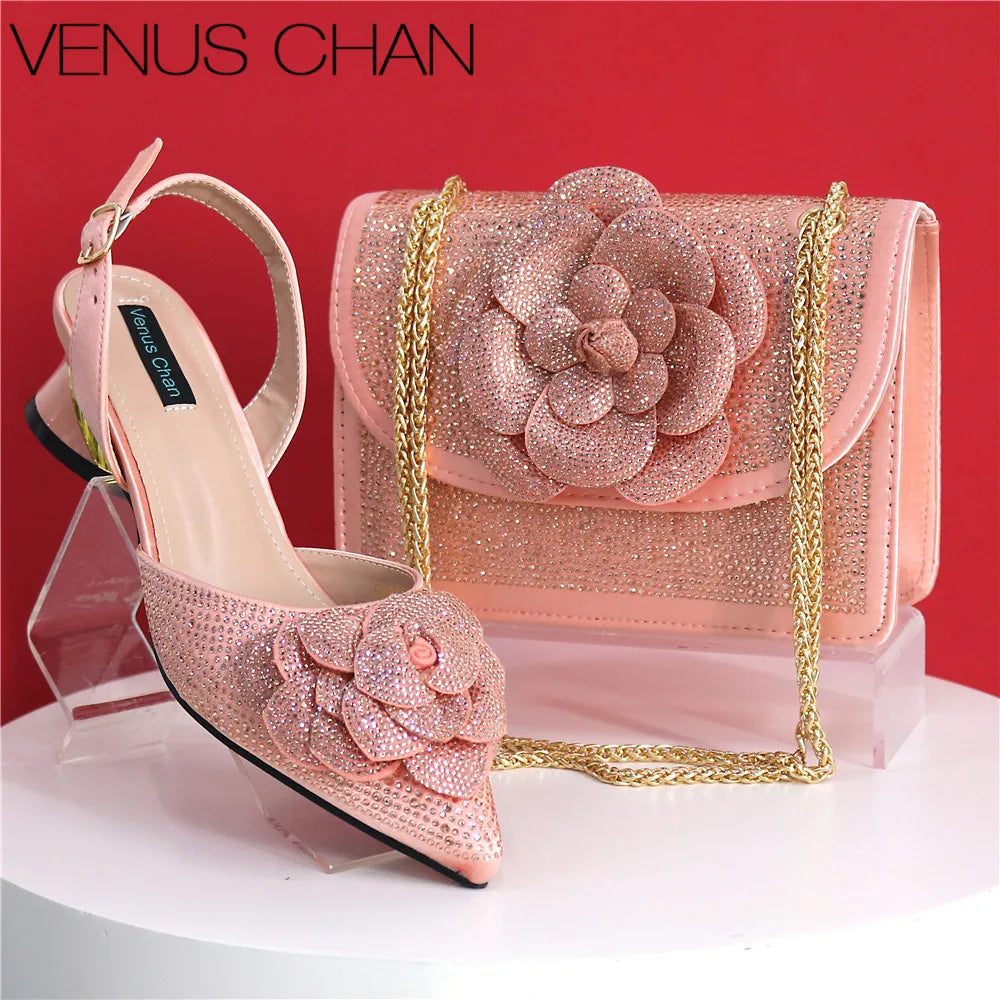 Italian Design Handmade Silver/Green Peach Color Elegant Lady Shoes And Bag Set with Rhinestones Embellished Pearls-knot Wear-Resistant And Comfortable Heel Evening Wedding Party Shoes Ladies Luxury Fashion Clothing Supplies