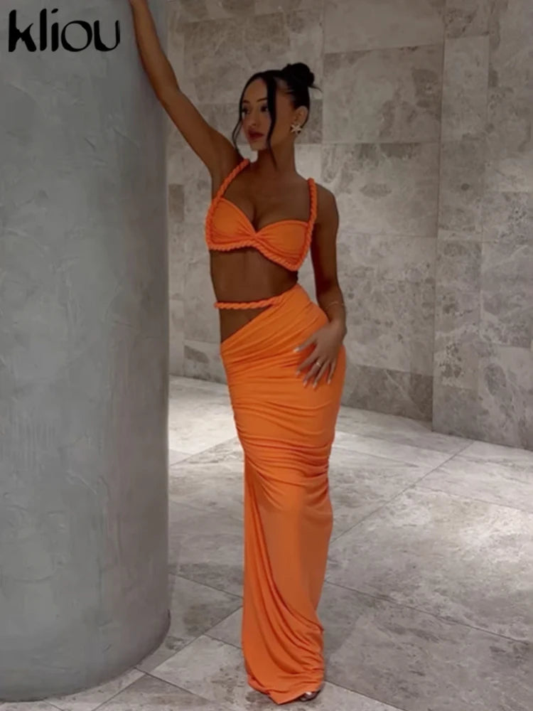 NIEW Arrivals Woven Sexy Women Stunning Hot Solid Pleated Crop Camisoles +High Waist Maxi Skirts Female Trend Vacation Outfit