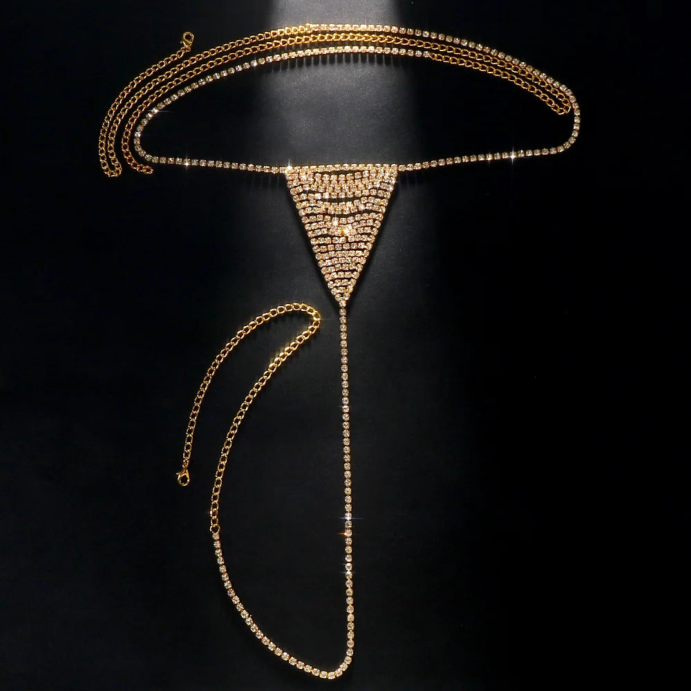 NEW Arrivals Gold/Silver Sexy Crystal Panties Chain Thong G-String Bikini Intimate Underwear Multilayer Hollow Rave Party Body Chain Women Evening Nightclub Sexy Apparel Accessories