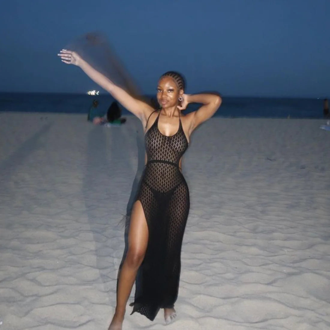 NEW Arrivals Black/White Sexy Knitted See Through Long Dresses For Women Seaside Beach Holiday Party Backless Lacing Bikini Cover Ups Slit Dress Ladies Girls Beach Wear