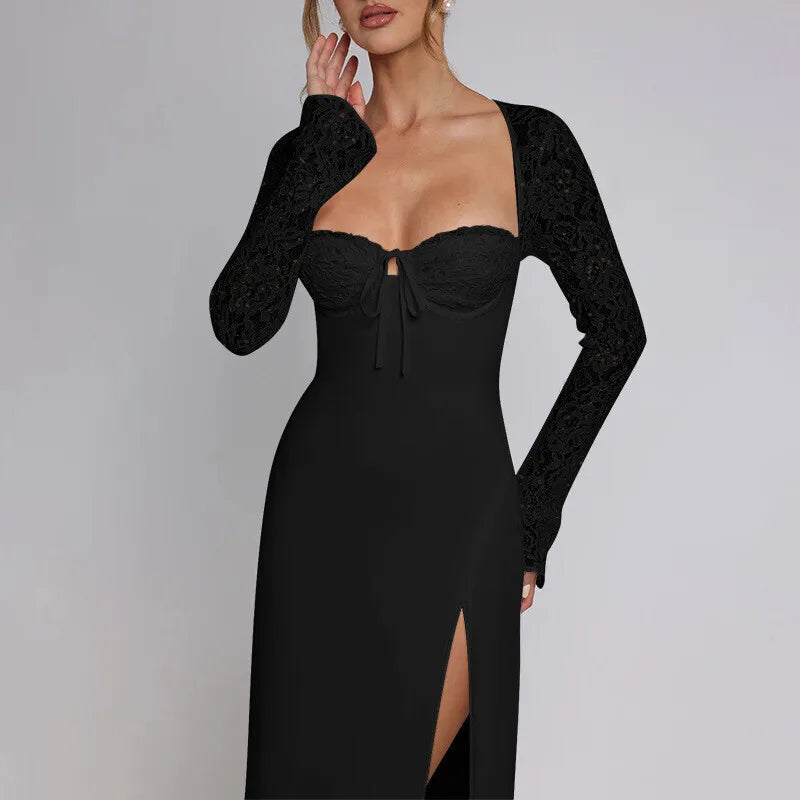 NEW Arrivals UK Size Black/White Color Lace Long Sleeve Sexy Maxi Dress Women Autumn New Square Collar Backless Lace-Up High Split Sexy Evening Beach Night Club Party Long Dress