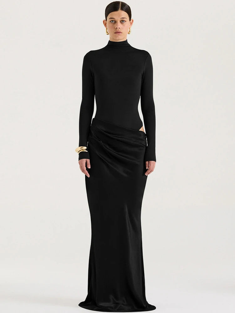 NEW Turtleneck Satin Sexy Hollow Out Zipper Women Maxi Dress Black Patchwork Long Sleeve Slim Elegant Party Evening Dress