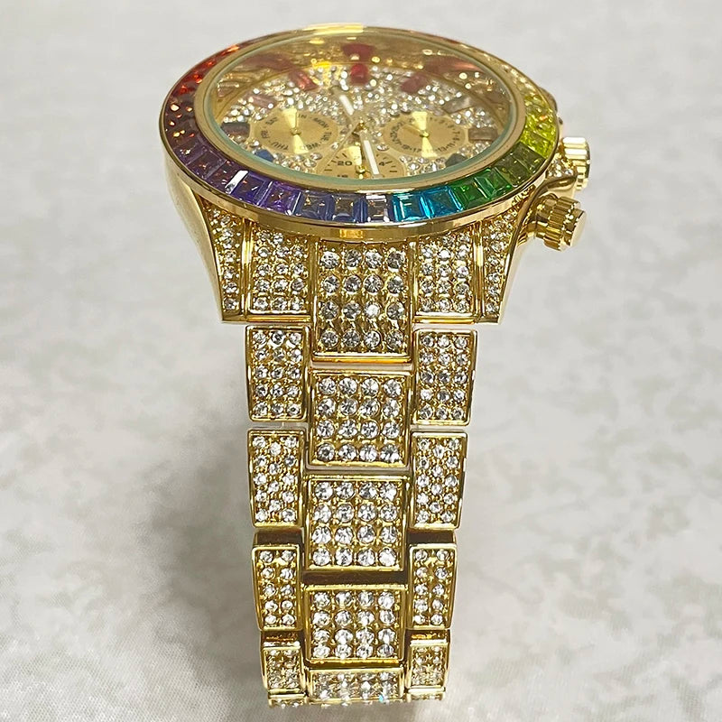 NEW Luxury Brand Gold Hip Hop Watches Men Fashion Rainbow Diamond Waterproof Smart Watch Full Steel Sports Clocks Male Wrist Watches Luxury Gifts for Husband Boyfriend