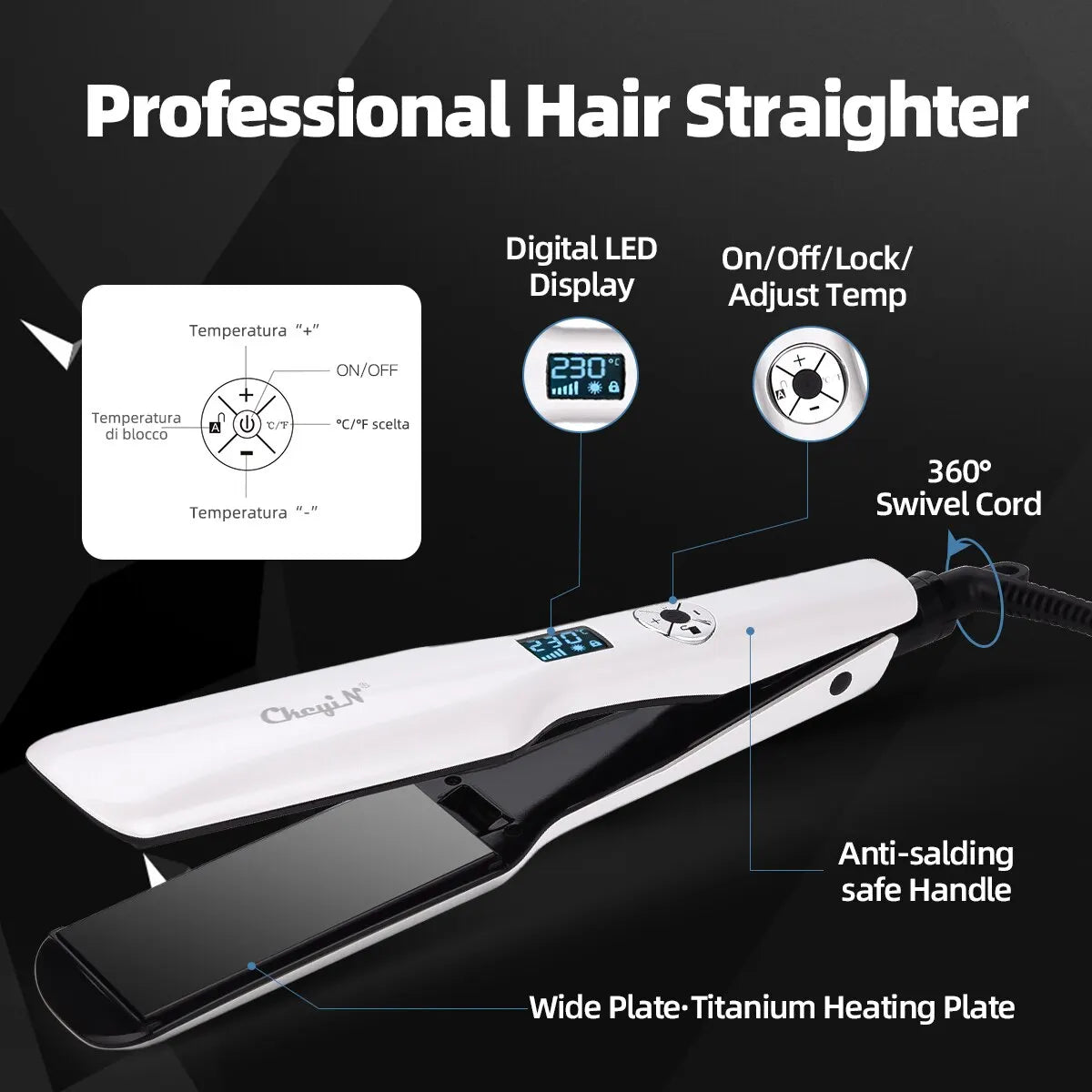 CkeyiN 44mm Tourmaline Ceramic Hair Straightener LCD Display Fast Heating Flat Iron Adjustable Temperature Straightening Iron