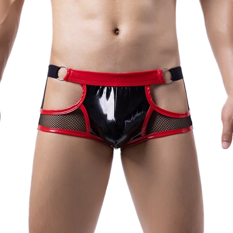 Men's Jockstraps Gay Underwear Lingeries Erotic Penis Bikini Panties Man Patckwork Mesh Faux Leather Jock Strap Underpants Cueca