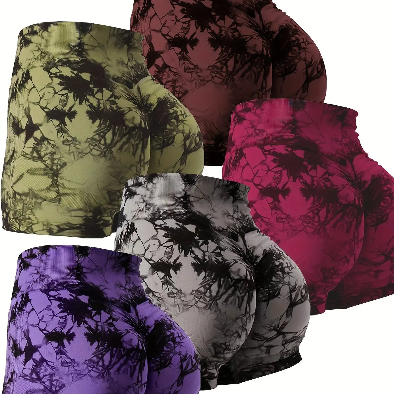 NEW Arrivals 5PCS Set High-Waisted Tie-Dye Biker Shorts for Women - Stretchy, Moisture-Wicking, Quick-Drying, High-Quality Nylon Fabric Yoga Fitness Gym Outdoor Running Shorts Set Sports Supplies