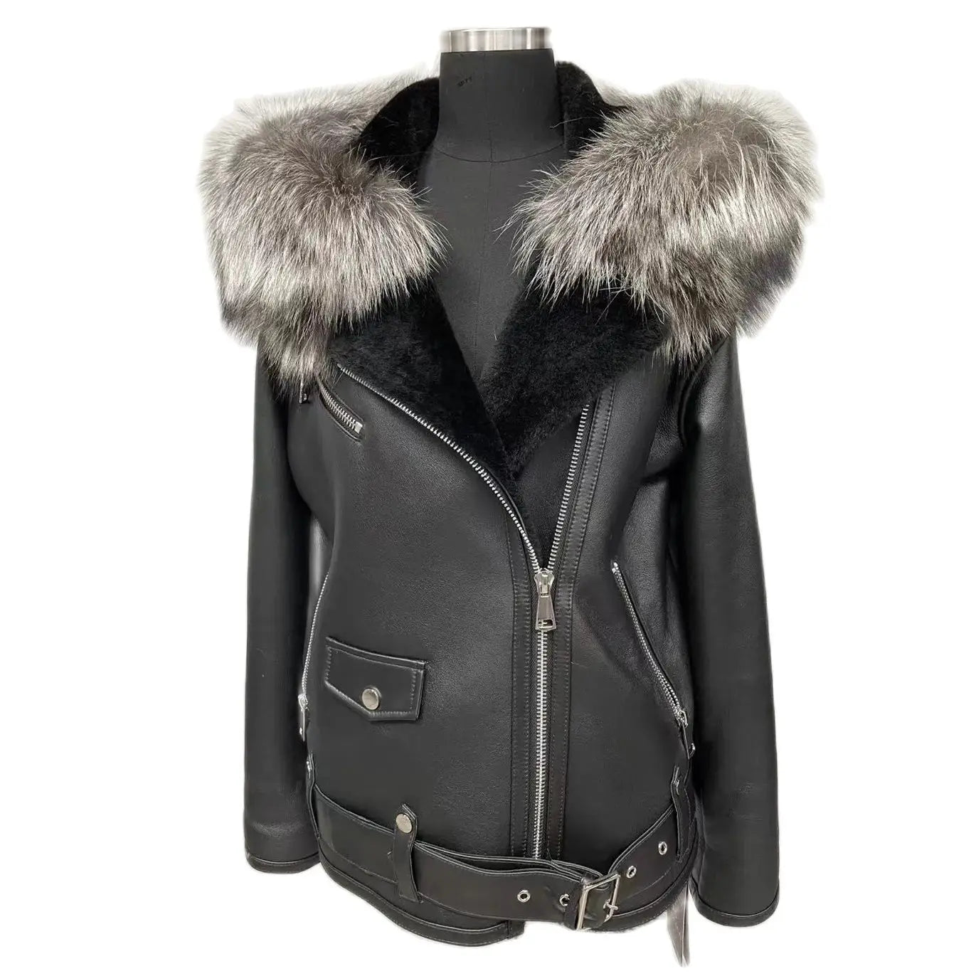 Women Sheep Leather One Fur Coat Parka Jacket Lining With Fox Fur Hood Trimming Warm Locomotive Suit Biker Jacket