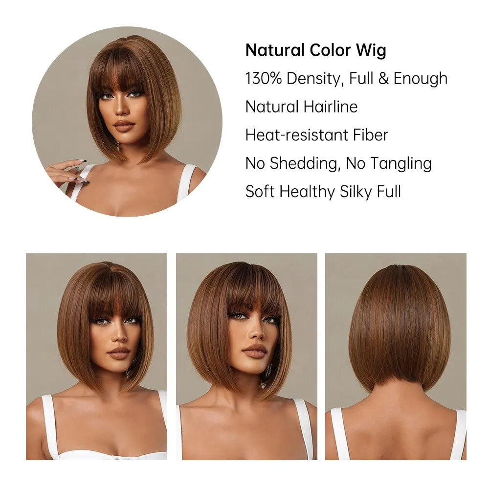 Honey Brown Short Bob Wig With Bangs Synthetic Heat Resistant Wig Natural Hair Looking