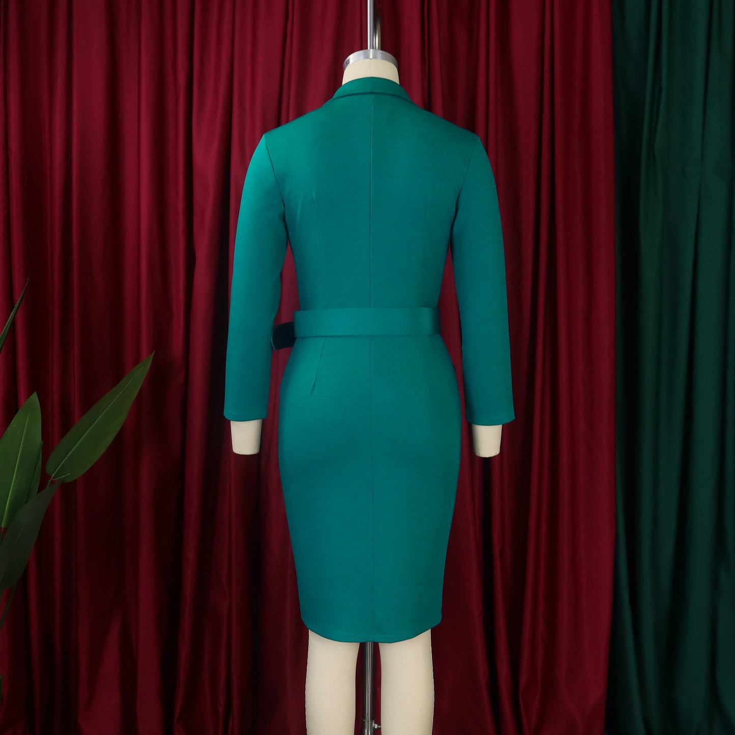 XXXL Office Dress Women Elegant Notched Collar Full Sleeve Belt Waisted Double Breasted Package Hips Mid Calf Formal Work Dress Midi