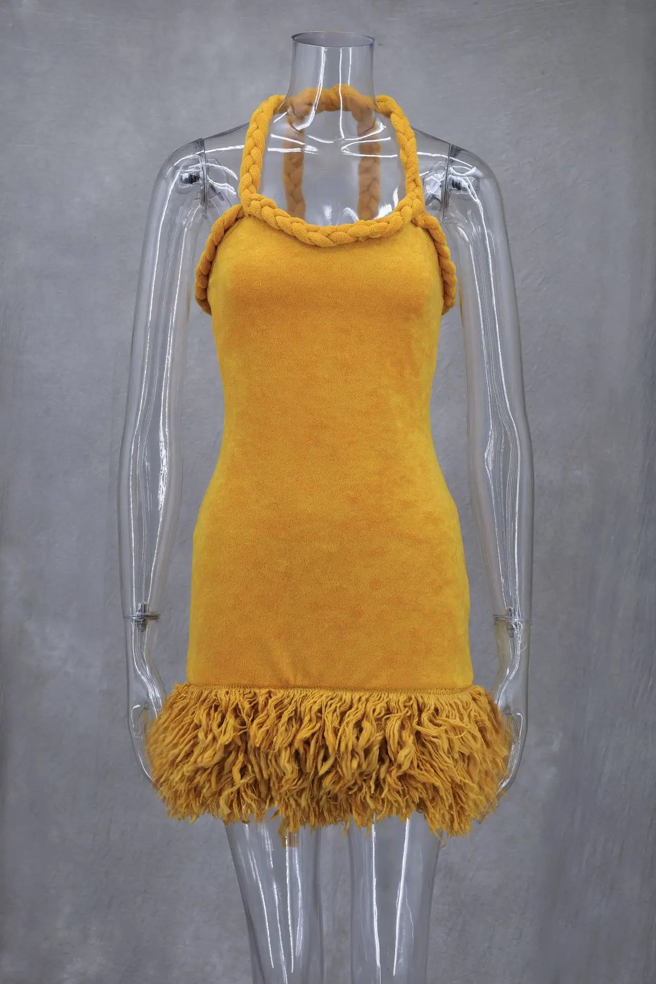 NEW Arrivals Fluff Patchwork Dress Women Halter Extra-Long Bandage Sleeveless Backless Autumn Spring Summer Trend Evening Party Clubwear Mini Bodycon Ladies Girls Sexy Fashion Apparel Supplies