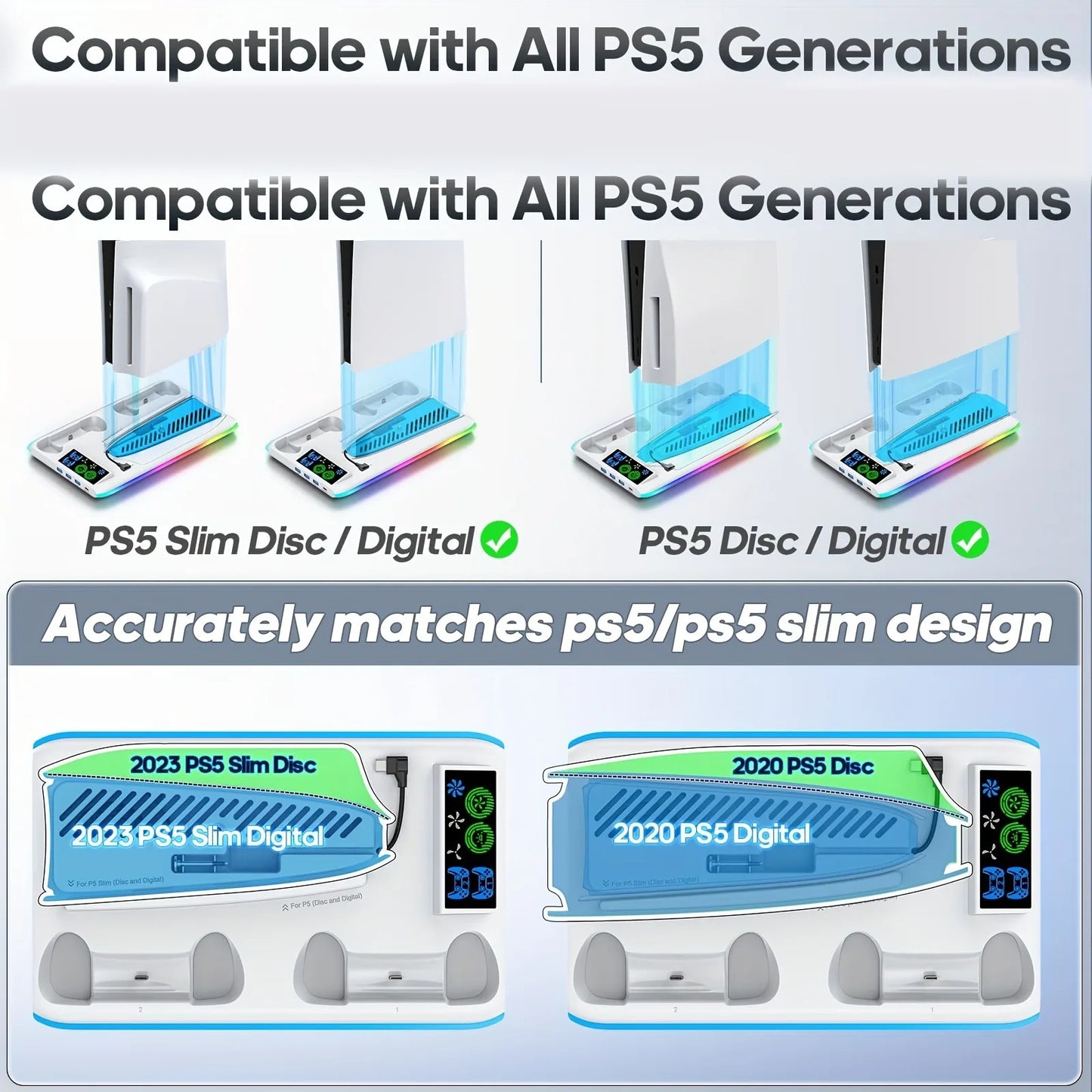 NEW Arrivals for PS5/PS5 Slim Stand with Headphone Hook Cooling Stand with Controller Charging Dock Station With 3 Levels Cooling Fan Computer Video Games Accessories Electronic Supplies