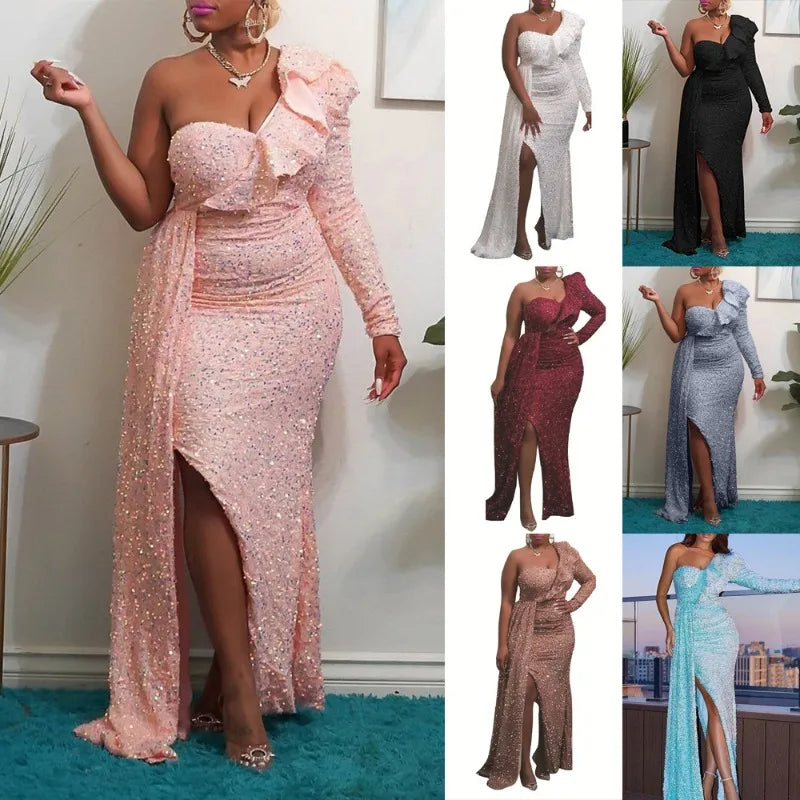 NEW Arrivals S-4XL Plus Size 7 Colors Women One Shoulder Sequin Slim High Waist Dress Autumn Winter Spring Evening Party Dress Women Sexy Ruffle Elegant Party Formal Dress